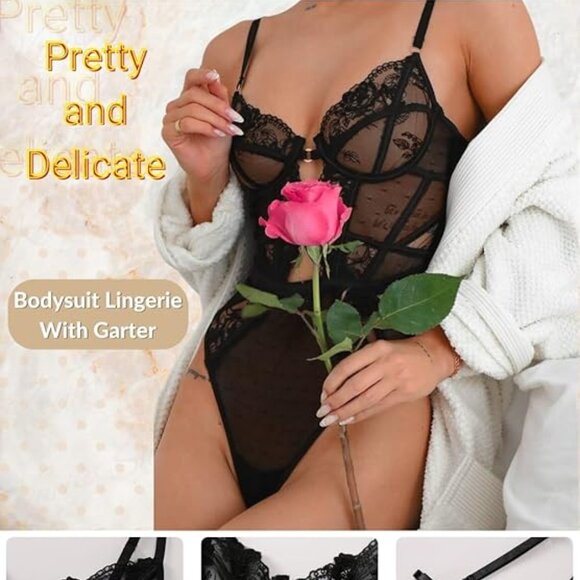 Kaei&Shi Black Floral Underwire Removable Garter Thigh Straps Bodysuit Small - Picture 3 of 8